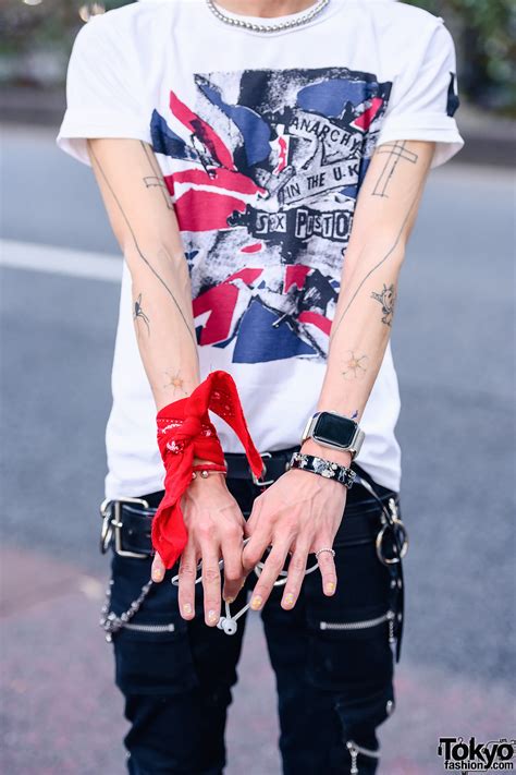 harajuku punk style w red bandana tattoos hoop earrings