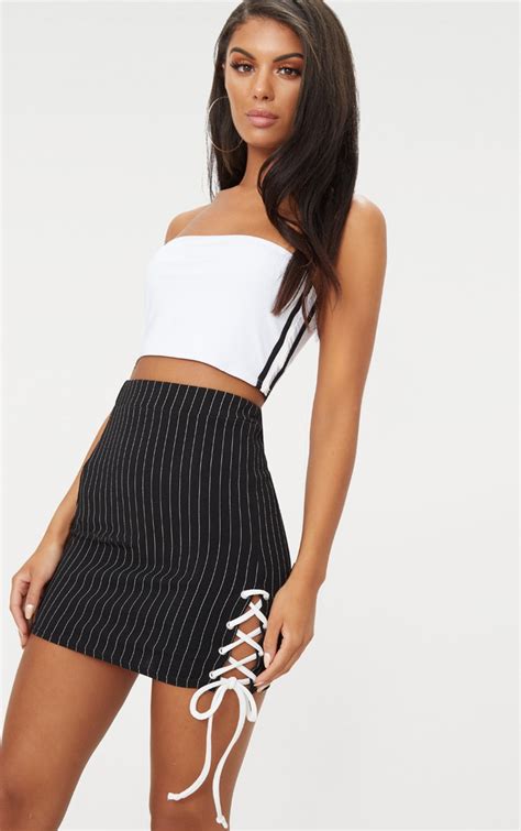 black lace up detail pinstripe skirt skirts prettylittlething
