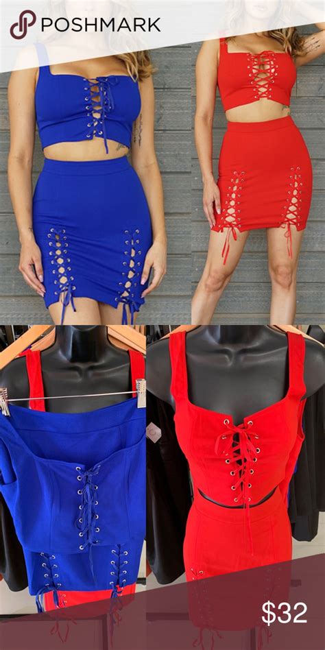 2 Piece Skirt Set Blue Or Red 2 Piece Skirt Set With Tie Up Top And