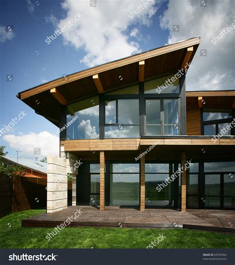 stylish design house big glass windows stock photo