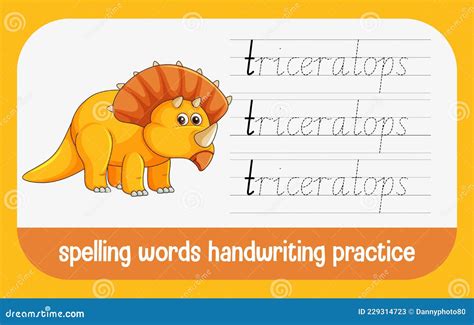 spelling words dinosaur handwriting practice worksheet stock vector
