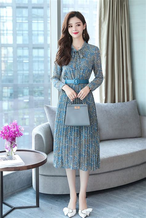 Floral Chiffon Long Dress Slim Korean Style Dress For