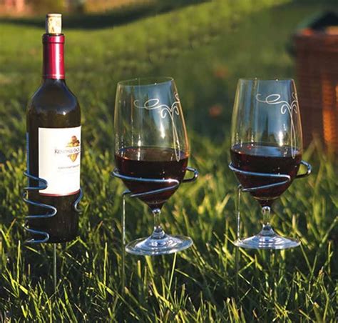 Wine Glass Holder Combo With Ground Stake For 1 Bottle And 2 Wine