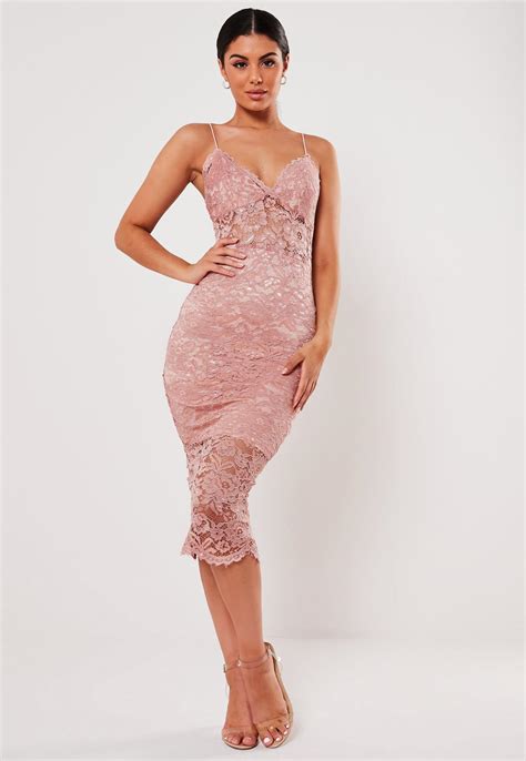 pink lace strappy bodycon midi dress missguided