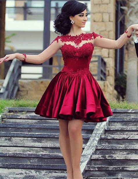 Beautiful A Line See Through Appliqued Lace Red Short Prom Dress Long