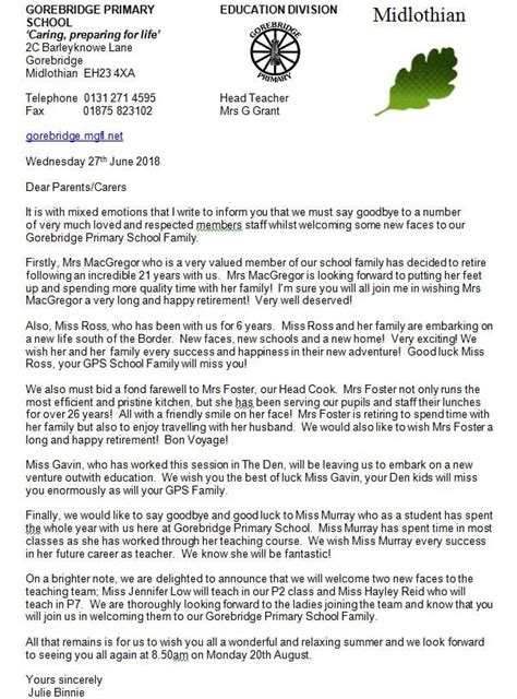 letters  parents gorebridge primary school