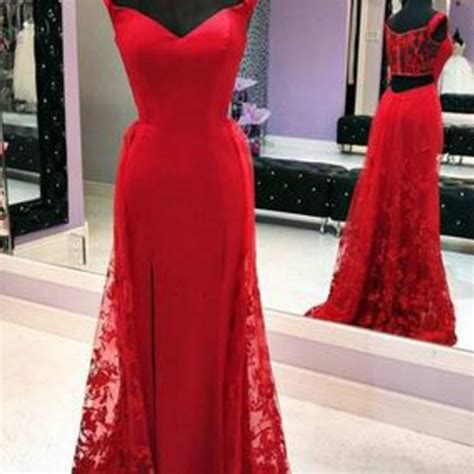 Lace Mermaid Prom Dress Sexy Appliques Red Prom Dresses Long Evening