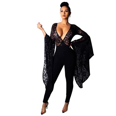 flare long sleeve black lace jumpsuit women deep v neck sexy sheer lace