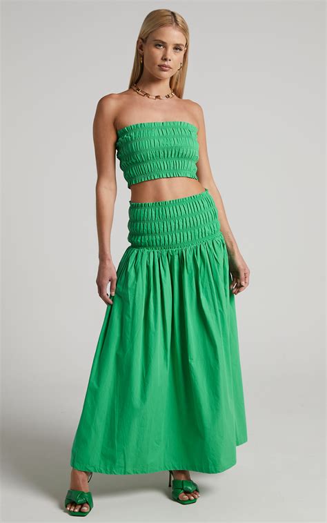 Haydie Two Piece Set Shirred Bandeau Crop Top And Maxi Skirt In Green