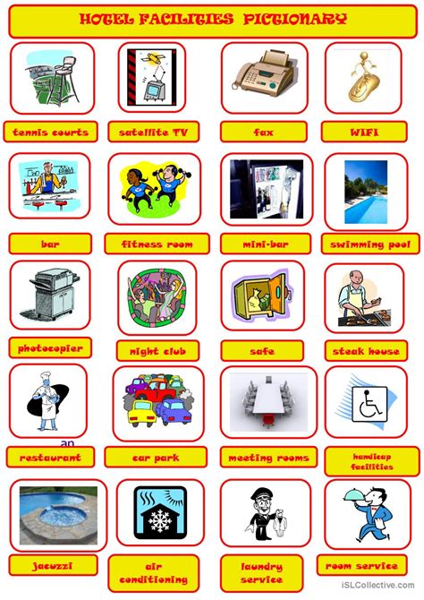 hotel facilities pictionary picture english esl worksheets