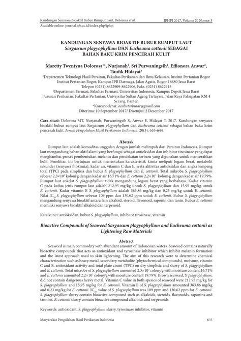 pdf kandungan senyawa bioaktif bubur rumput laut sargassum plagyophyllum dan eucheuma cottonii