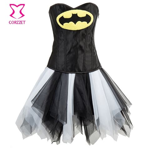 Black Satin Zipper Overbust Batman Corset Skirt Sexy Supergirl