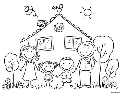 coloriage une famille avec  chat devant leur maison jecoloriecom