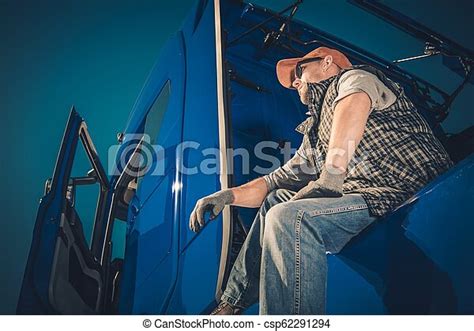 truck driver cargo transport caucasian men seating   semi tractor