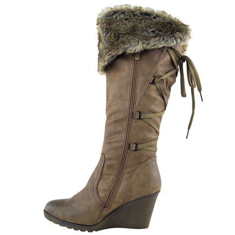 womens ladies mid wedge high heel fur lined warm winter knee calf zip