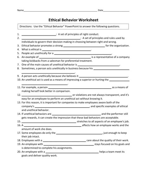 1 01 Ethical Behavior Ppt Worksheet