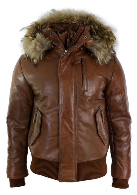 mens real fur hood bomber leather jacket black puffer padded tan buy  happy gentleman