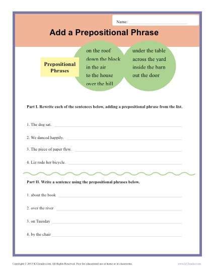 add  prepositional phrase sentence structure worksheets