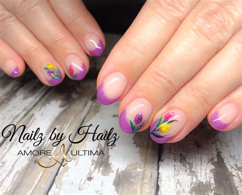 purple french tip nails  hand painted tulip flower nail art www