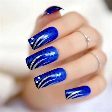 fashion blue extral long uv gel false nail square pre designed nail