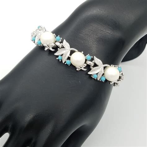 vintage sarah coventry faux pearl silver leaf turquoise blue bead bracelet blue beaded