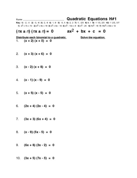 printable math worksheets quadratic equations