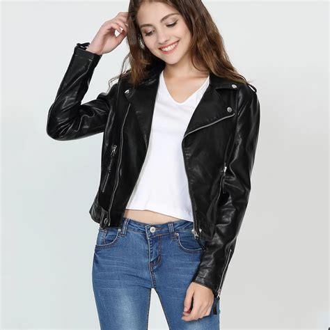 liva girl spring pu leather balck oblique zipper jacket for women