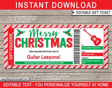 christmas guitar lessons voucher template printable gift certificate