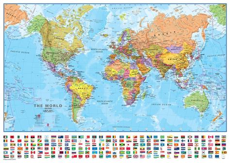 world wall map  flags  laminated educational poster