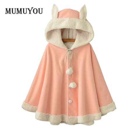 women cotton sweet coats japanese hooded ears thick flare sleeve pink