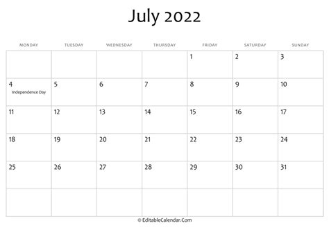 july  printable calendar  holidays