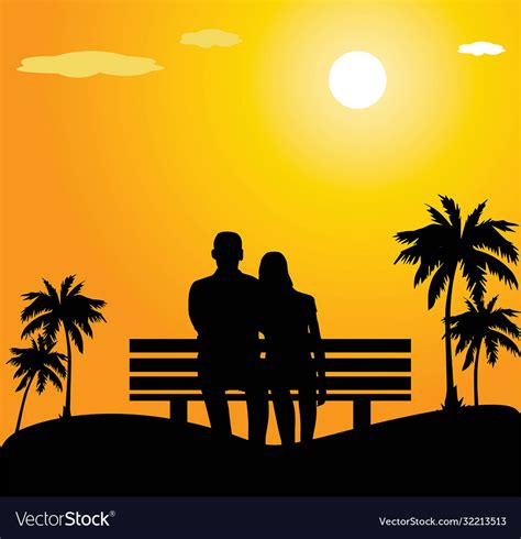sunset couple sitting on bench silhoutes vector image