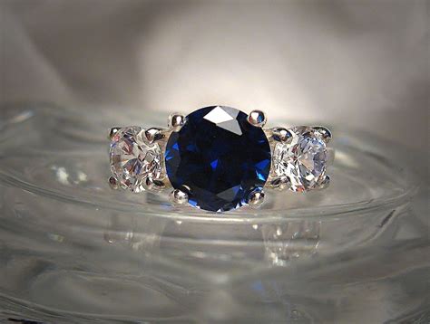 Lab Created Blue Sapphire Ring 8mm 5mm Cubic Zirconia Three Etsy