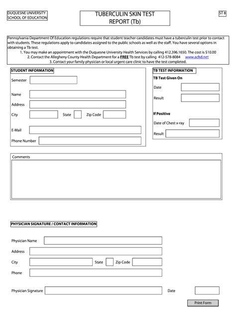 employment printable tb skin test form template