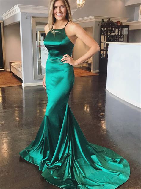 elegant green mermaid backless satin long prom dresses with sweep trai