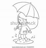 Outline Girl Coloring Vector Umbrella Joyful Cartoon Puddle Isolated Doodle Jumping Drawn Line Hand Cute Shutterstock Rain Walking Illustration Used sketch template