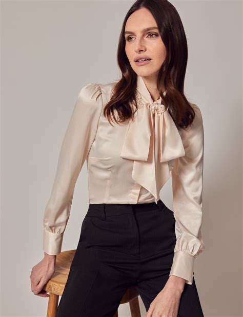 women s cream fitted satin blouse pussy bow hawes and curtis