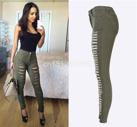 Fashion Army Green Black White Sexy Ripped Jeans Women Plus Size