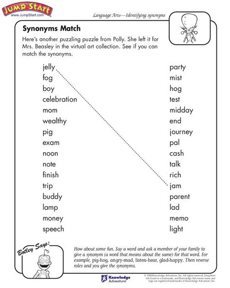 synonym match language arts worksheets  kids jumpstart