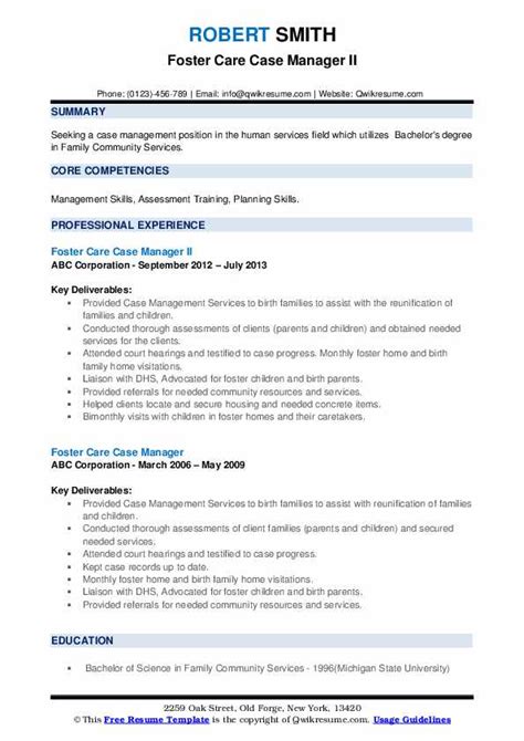 Foster Care Case Manager Resume Samples Qwikresume