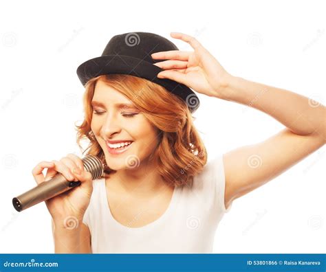 happy singing girl stock photo image  mike party