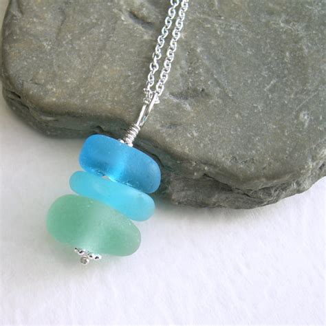 Blue Ombre Necklace Turquoise Sea Glass Jewelry Aqua Stacked Pendant