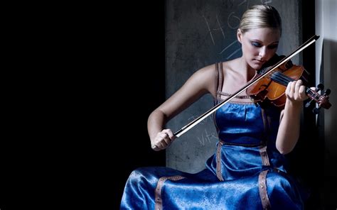 Woman In Blue Spaghetti Strap Dress Playing Violin Hd Wallpaper