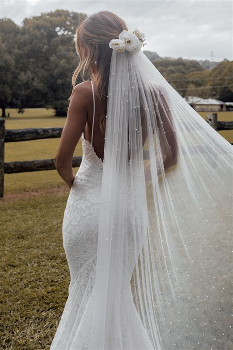 pearly long veil bridal veil  pearls grace loves lace