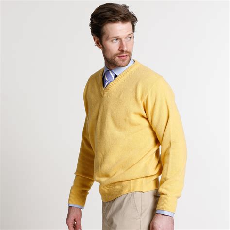 Mens Lemon Yellow Lambswool V Neck Jumper Hemingway Tailors