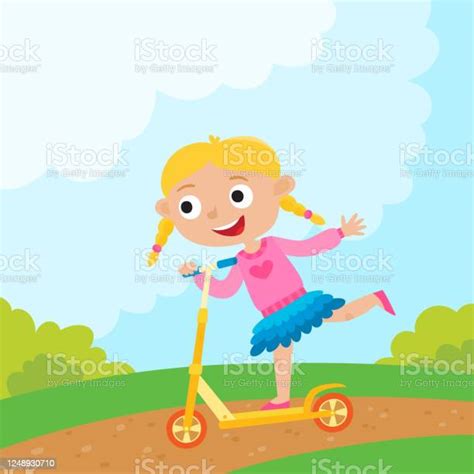 cartoon girl riding a bike having fun riding scooter in park ha stock