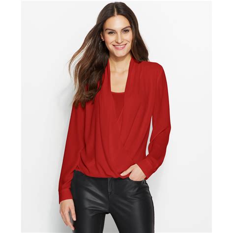 lyst vince camuto long sleeve draped blouse  red