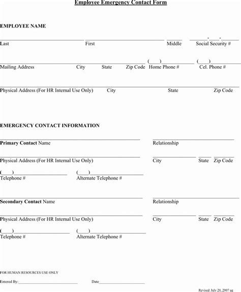 employee contact form template   employee emergency contact forms