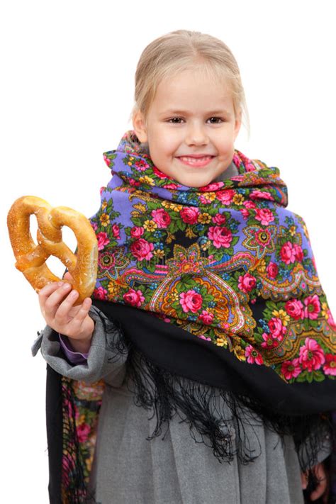 small girl in russian kerchief with pretzel stock image image of girl