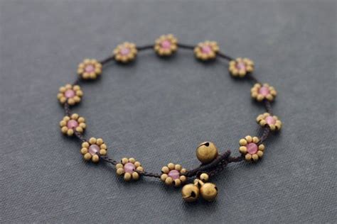 rozenkwarts brass daisy enkelbandje etsy anklets rose quartz mens bracelet daisy beaded